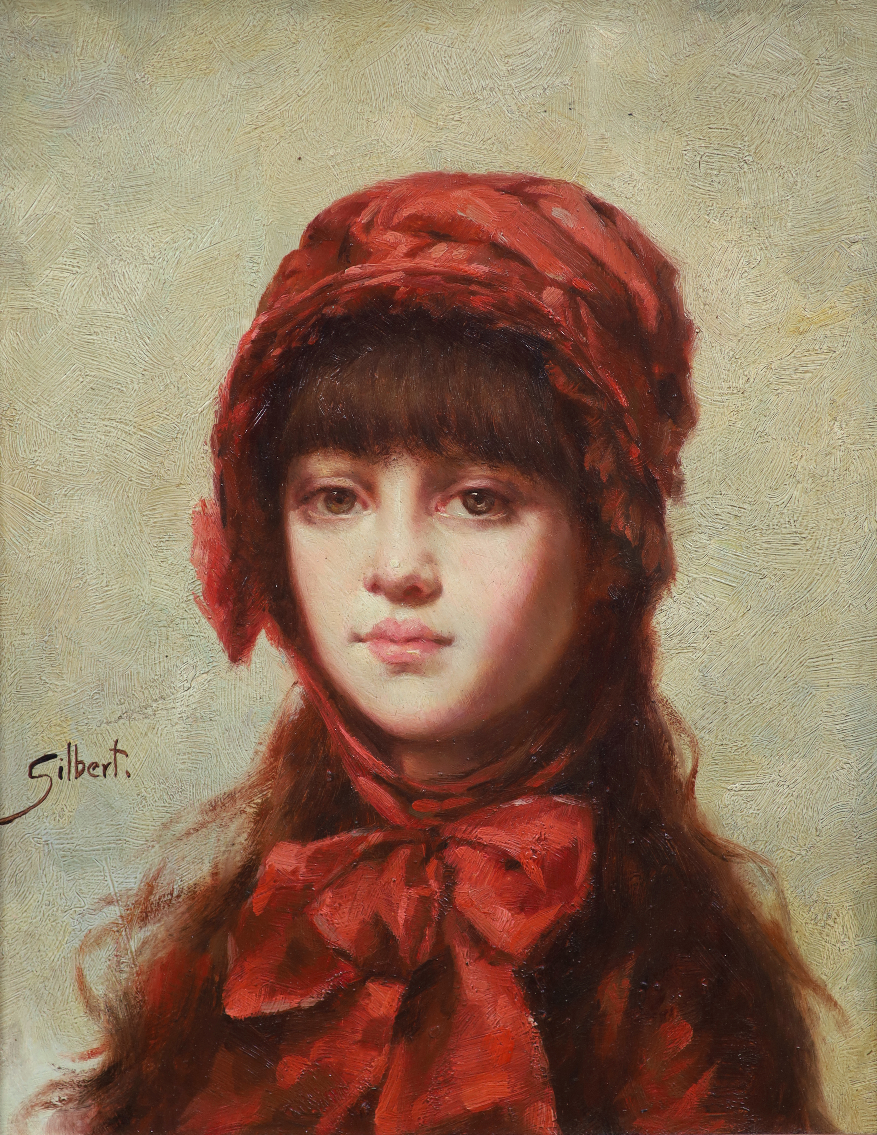 Gilbert, oil, possibly an overpainted print on board, Portrait of a girl wearing a bonnet, signed, 24 x 19cm